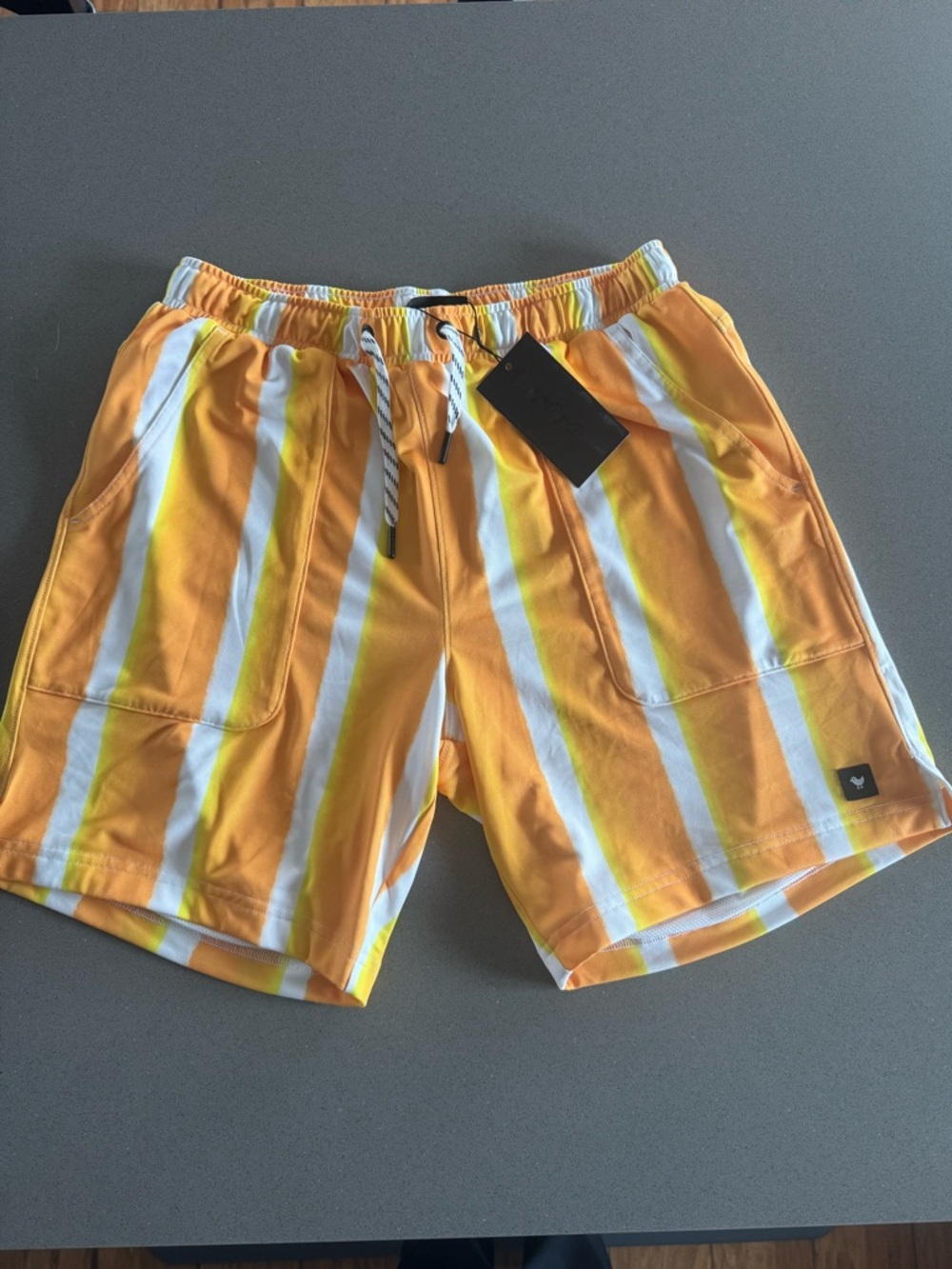NWT Bad Birdie Men's Active Range Shorts -Yellow/Orange Vertical Stripe - Size M